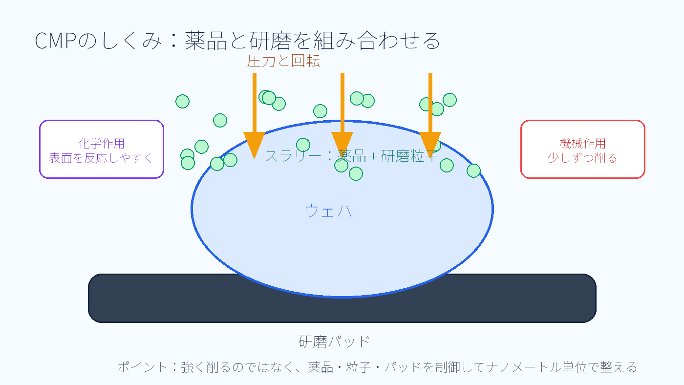 CMPで研磨パッドとスラリーを使ってウェハ表面を平坦化する仕組み