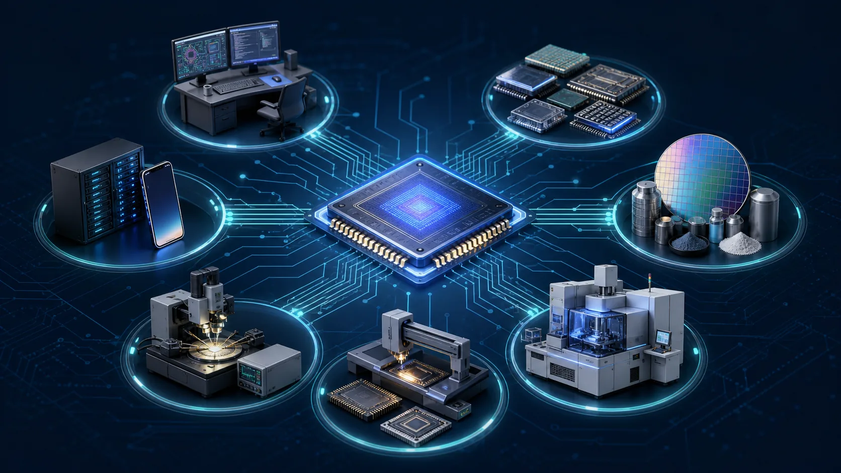中央のAI半導体をEDA、IP、材料、製造装置、後工程、検査の専門企業が支える連携図
