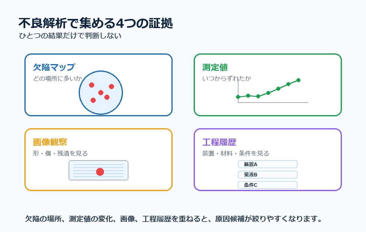 不良解析で集める4つの証拠。欠陥マップ、測定値、画像観察、工程履歴