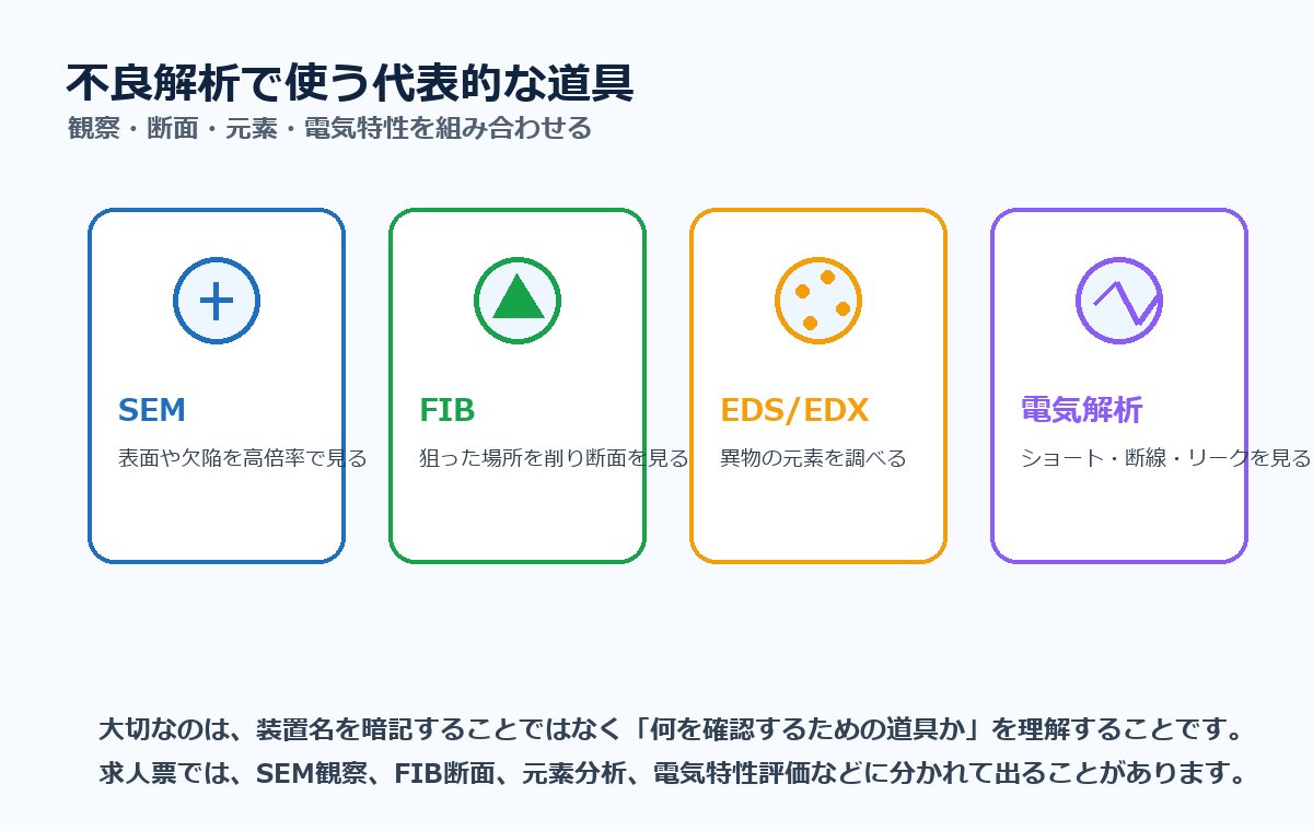 不良解析で使う代表的な道具。SEM、FIB、EDS/EDX、電気解析