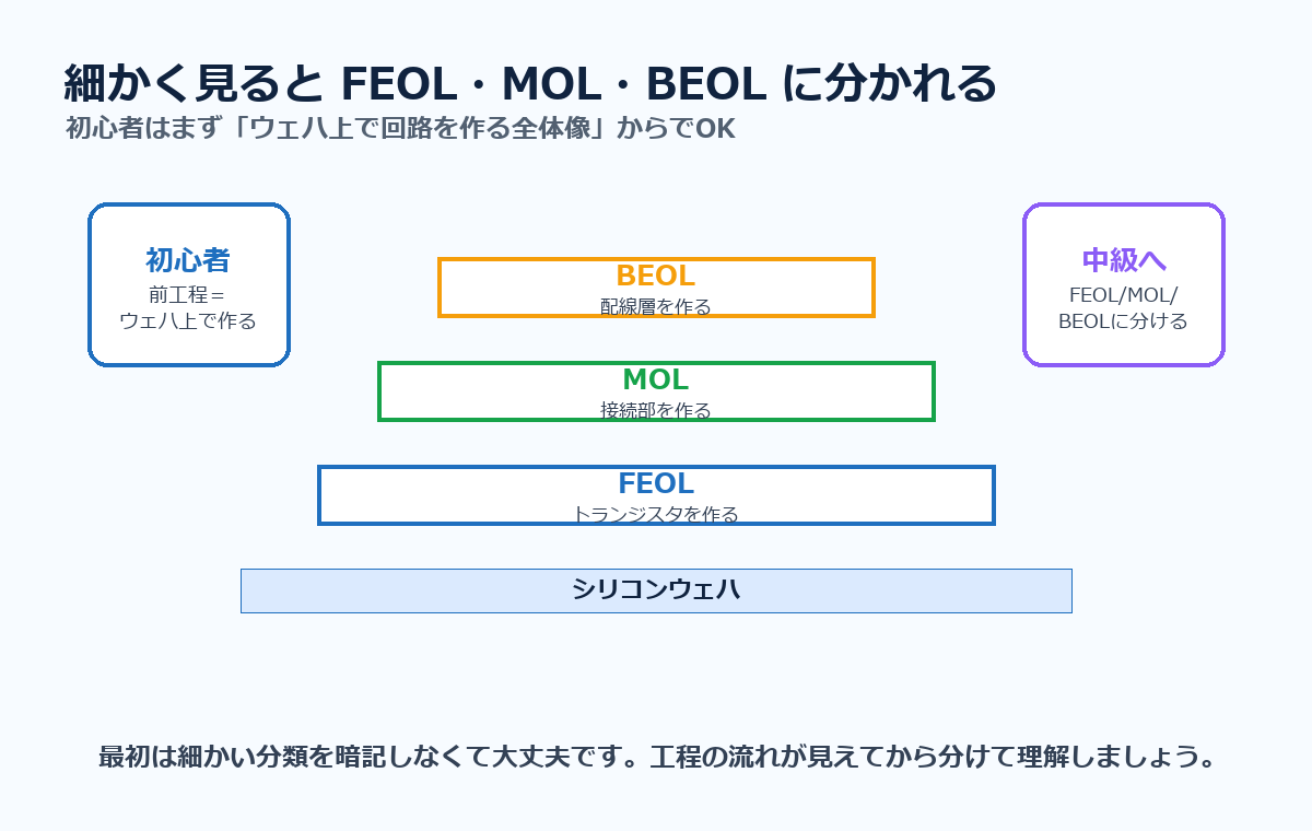 前工程を細かく見るとFEOL、MOL、BEOLに分かれる。初心者はまずウェハ上で回路を作る全体像から理解する