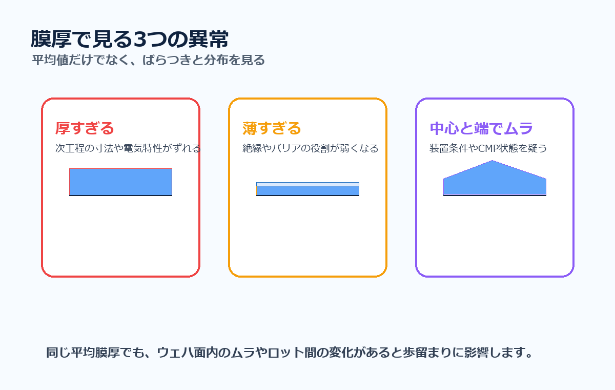 膜厚で見る3つの異常。厚すぎる、薄すぎる、中心と端でムラがある