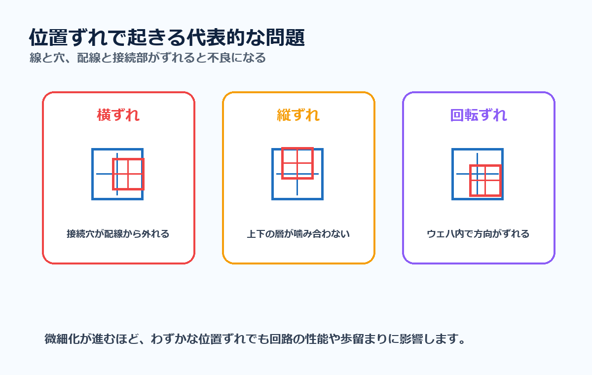 横ずれ、縦ずれ、回転ずれによって半導体の配線や接続部がずれる例