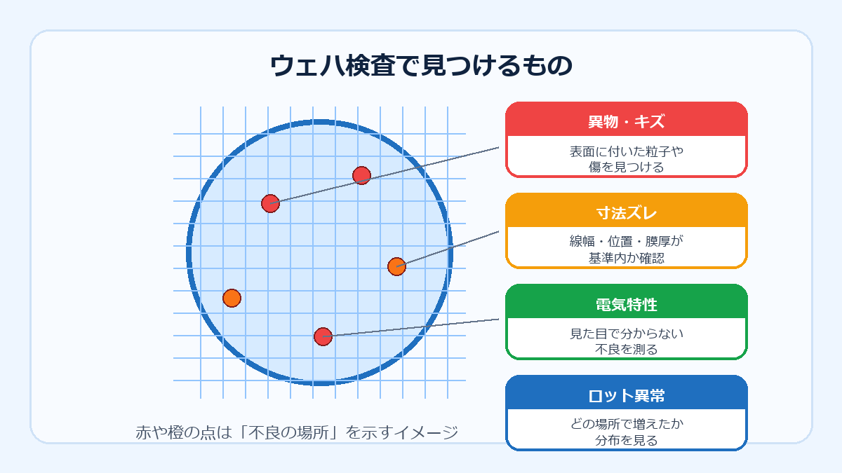ウェハ検査で見つける欠陥の種類を示す図