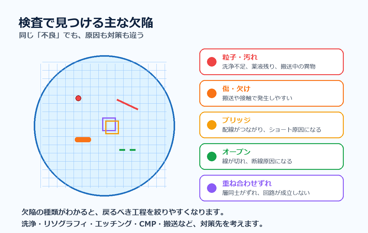半導体欠陥の種類。粒子、傷、ブリッジ、オープン、重ね合わせずれをウェハ上に示した図解