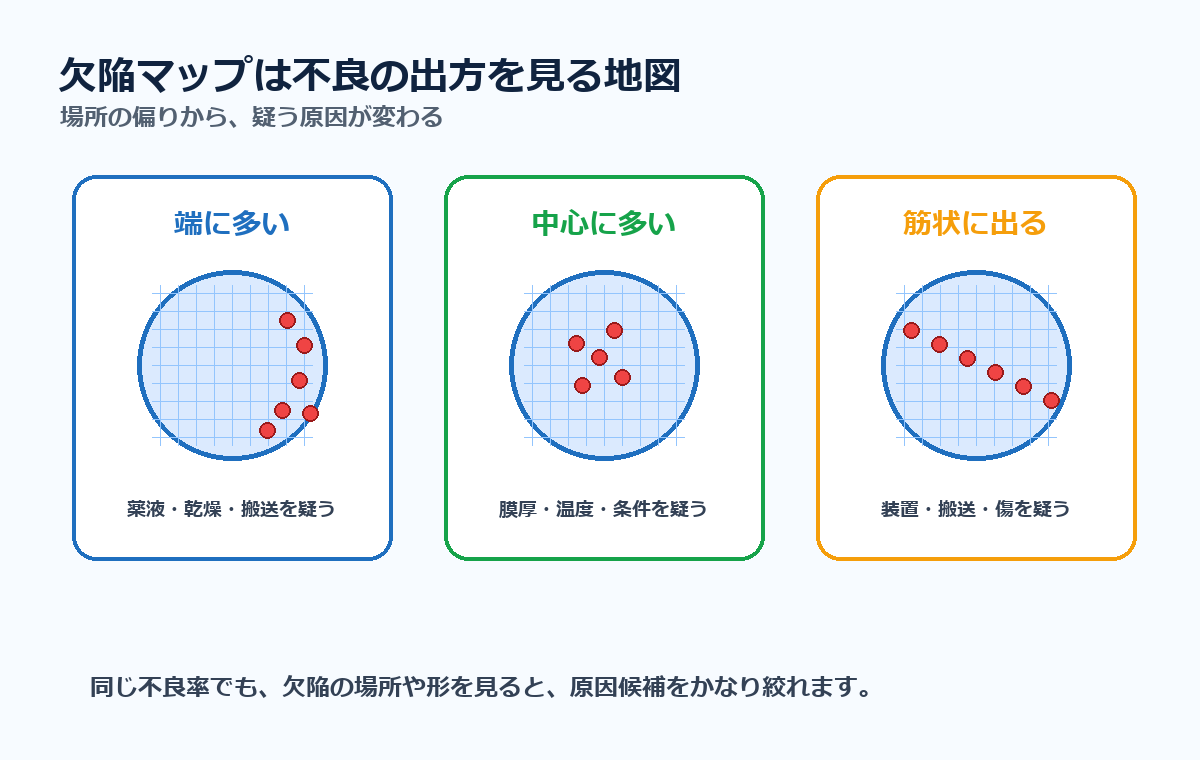 欠陥マップで端に多い、中心に多い、筋状に出る不良パターンを比較する図解